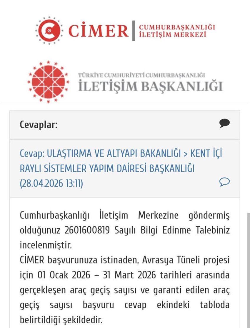 CHP Genel Başkan Yardımcısı Deniz Yavuzyılmaz, Avrasya T&uuml;neli&rsquo;nin 2026 yılı ilk &ccedil;eyrek verilerini belgeleriyle paylaştı. Verilere g&ouml;re t&uuml;nelden, garanti edilen sayıdan daha fazla ara&ccedil; ge&ccedil;mesine rağmen Hazine&rsquo;nin işletmeci şirkete 491 milyon TL "fiyat farkı" &ouml;dediği ortaya &ccedil;ıktı. 