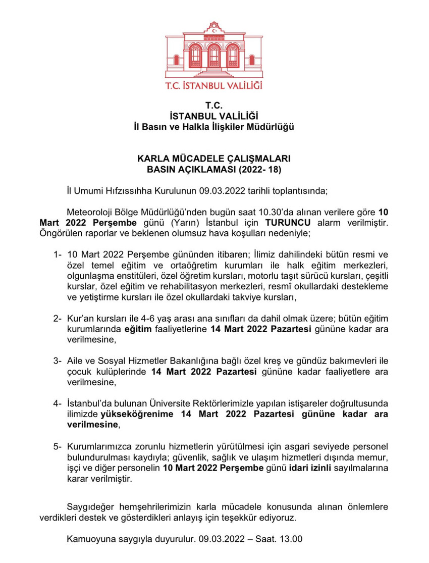 İstanbul'da okullar Pazartesi'ye kadar tatil edildi; kamu çalışanları izinli sayılacak! - Resim : 1
