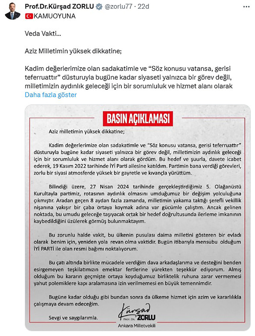 İYİ Parti Ankara Milletvekili Kürşad Zorlu, partisinden istifa ettiğini duyurdu.