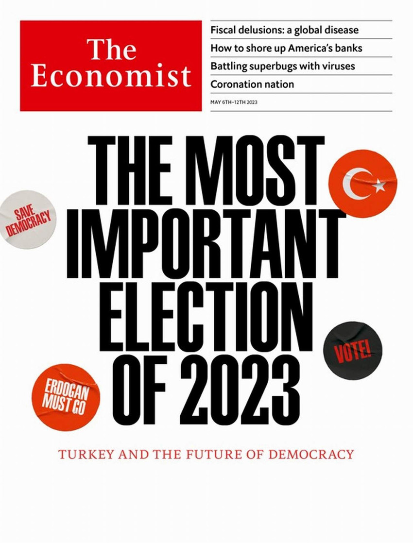 The Economist dergisi, Türkiye'de yaklaşan 14 Mayıs seçimlerini kapağına taşımış, "2023'ün en önemli seçimleri" manşetiyle yayınlanan derginin kapağında Türkiye bayrağı ve üzerinde "Erdoğan gitmeli", "Demokrasiyi kurtarın" ve "Oy verin" yazan çıkartmalar bulununan yazıda dergi Kılıçdaroğlu'na desteğini açıklamıştı.
