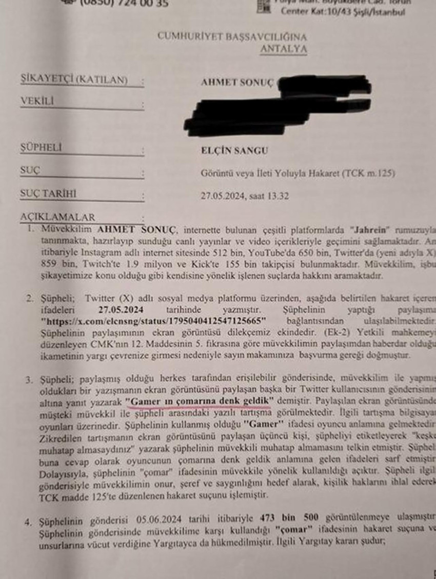 Müstehcenlik suçlamasıyla tutuklu bulunan Jahrein lakaplı sosyal medya fenomeni Ahmet Sonuç, ünlü oyuncu Elçin Sangu'ya hakaret davası açtı. 