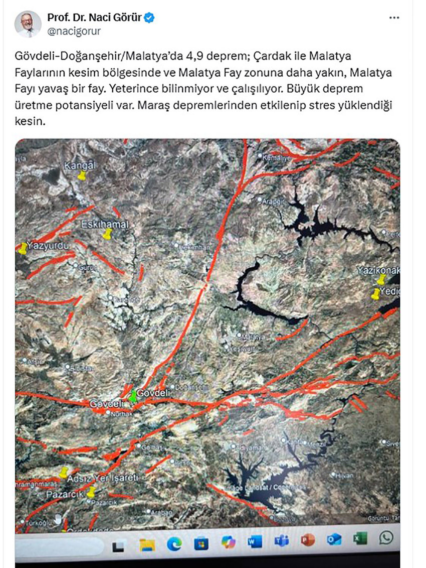Yer bilimci Prof. Dr. Naci Görür, Malatya'da 4.9 büyüklüğündeki depremin ardından ''Büyük deprem üretme potansiyeli var. Kahramanmaraş depremlerinden etkilenip stres yüklendiği kesin'' uyarısında bulundu.