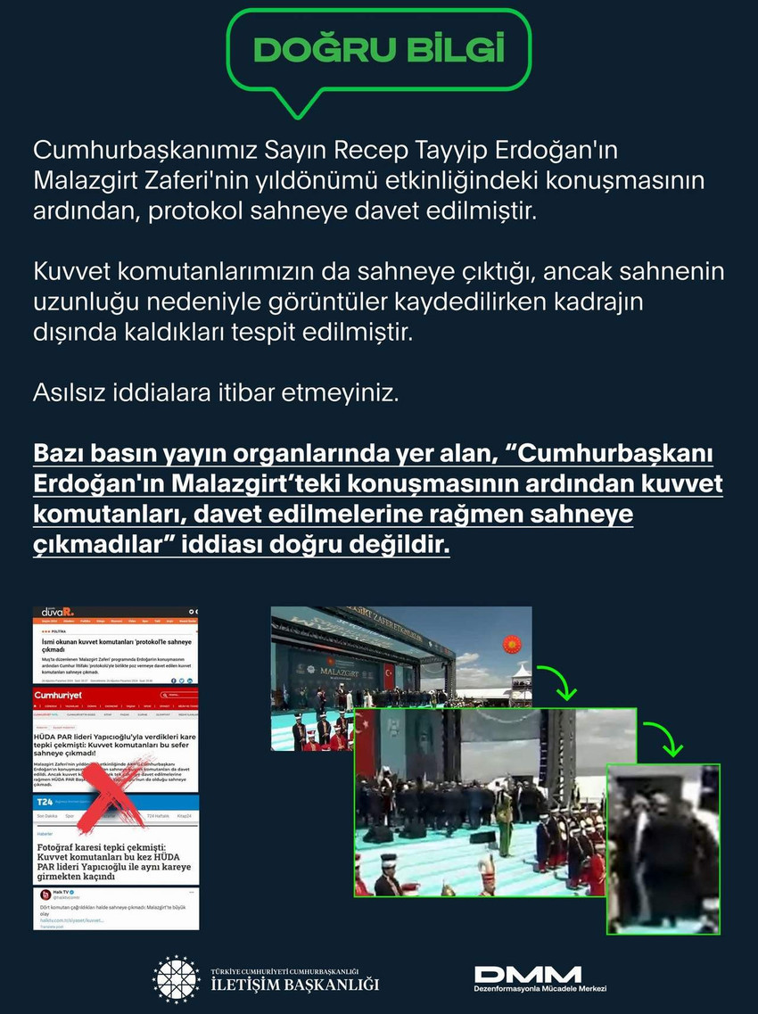 Cumhurbaşkanı Erdoğan’ın Malazgirt’teki konuşmasının ardından kuvvet komutanlarının davet edilmelerine rağmen sahneye çıkmadıkları öne sürülmüştü. İletişim Başkanlığı Dezenformasyonla Mücadele Merkezi iddiayı yalanladı.