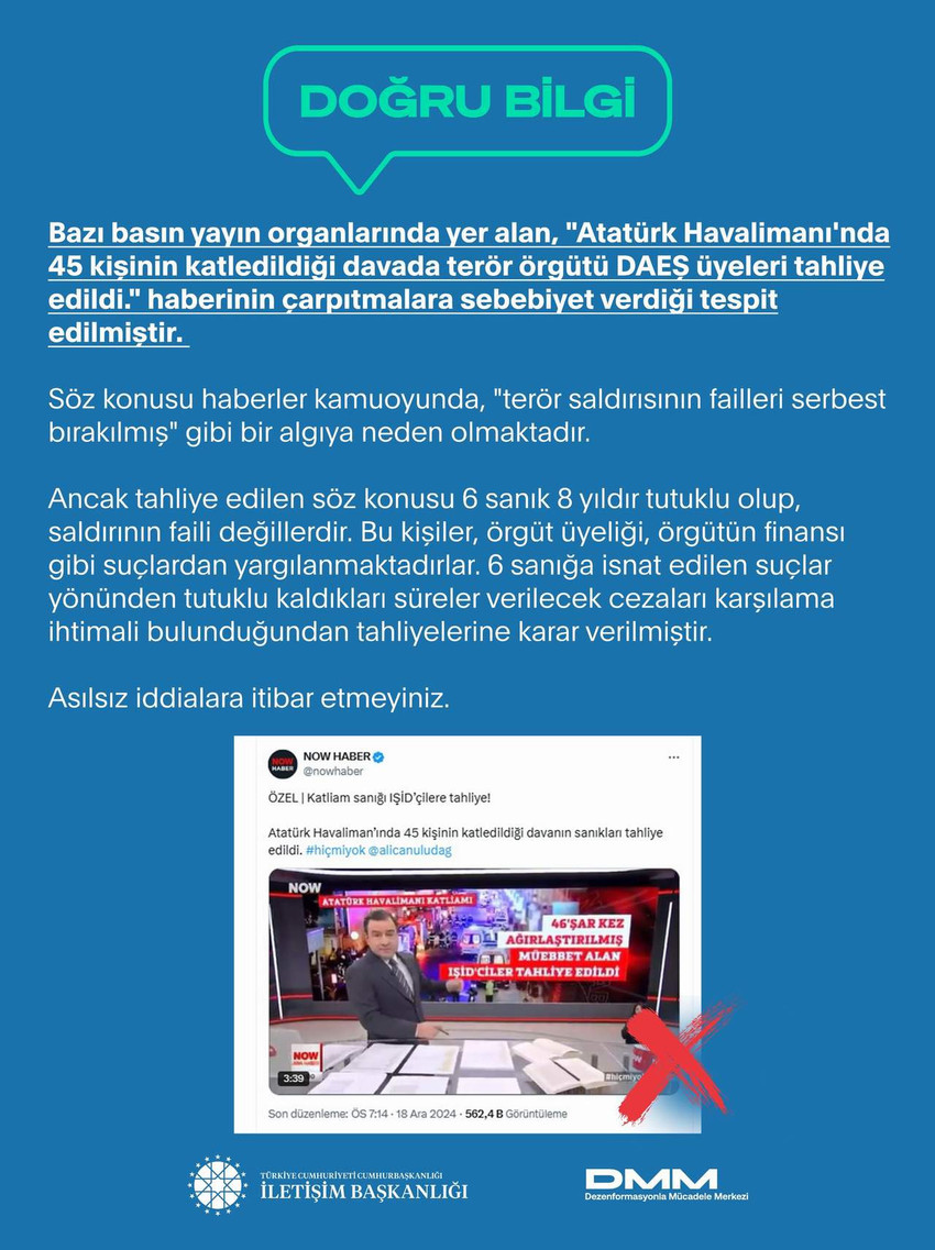 İstanbul Atatürk Havalimanı'nda 45 kişinin hayatını kaybettiği kanlı saldırının failleri olan DEAŞ'lı teröristlerin Yargıtay kararıyla serbest bırakıldığı iddia edildi.