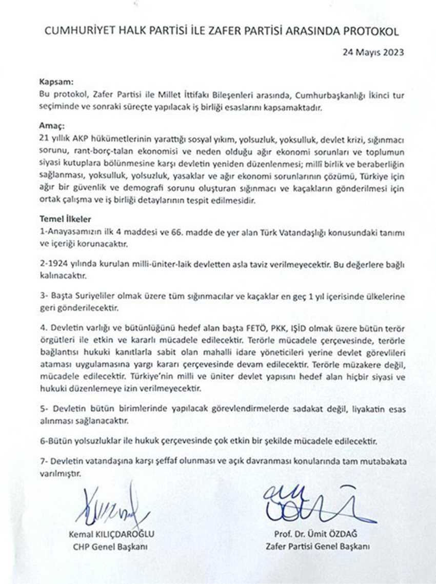 Zafer Partisi Genel Başkanı Ümit Özdağ, CHP Genel Başkanı Kemal Kılıçdaroğlu ile yaptıkları gizli protokolü yayınladı.