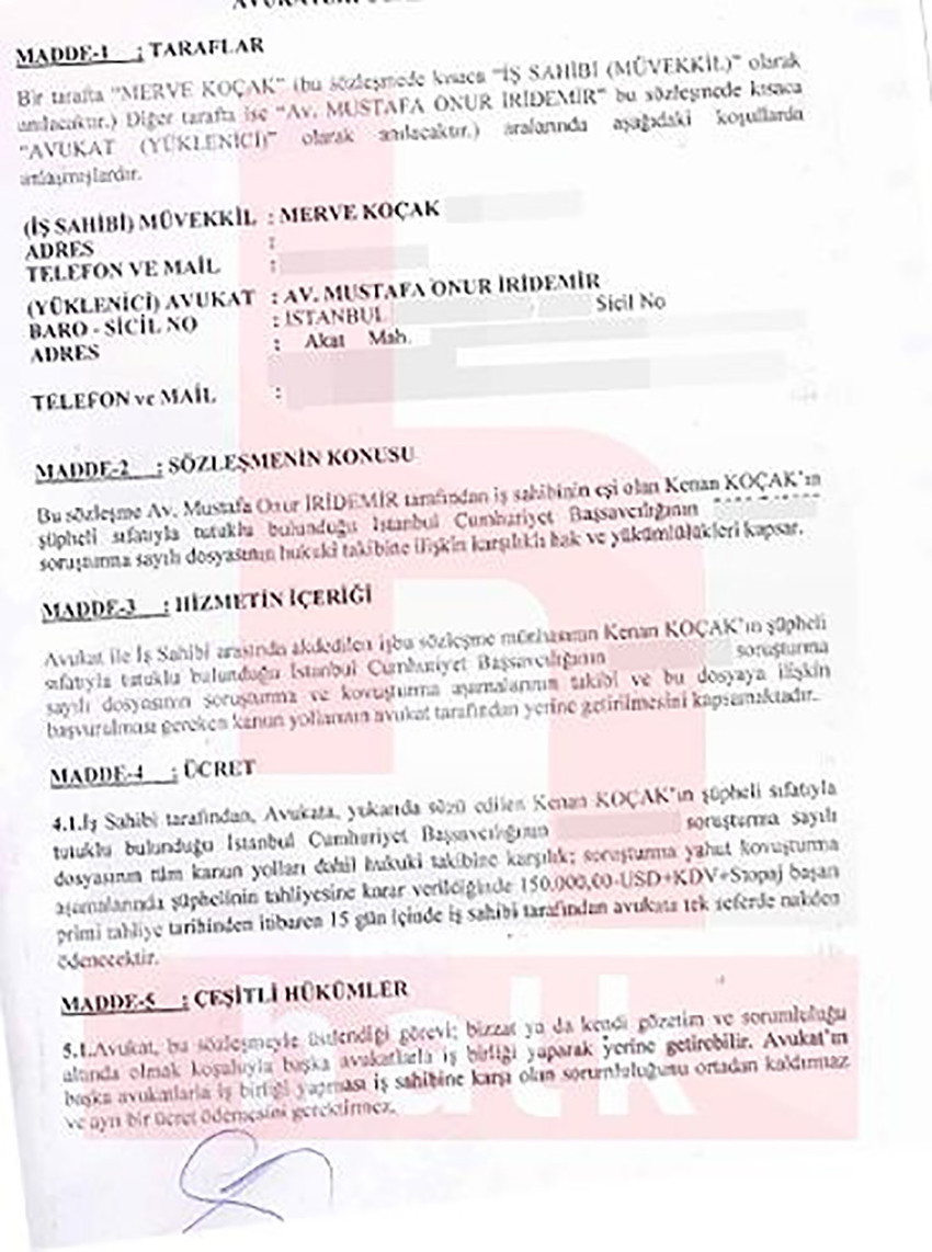 Sarallar suç örgütüne yönelik soruşturmada tutuklanan şarkıcı Merve Özbey'in eşi Kenan Koçak'ın tahliyesi için imzalanan avukatlık sözleşmesi yanlışlıkla UYAP'a yüklendi. 