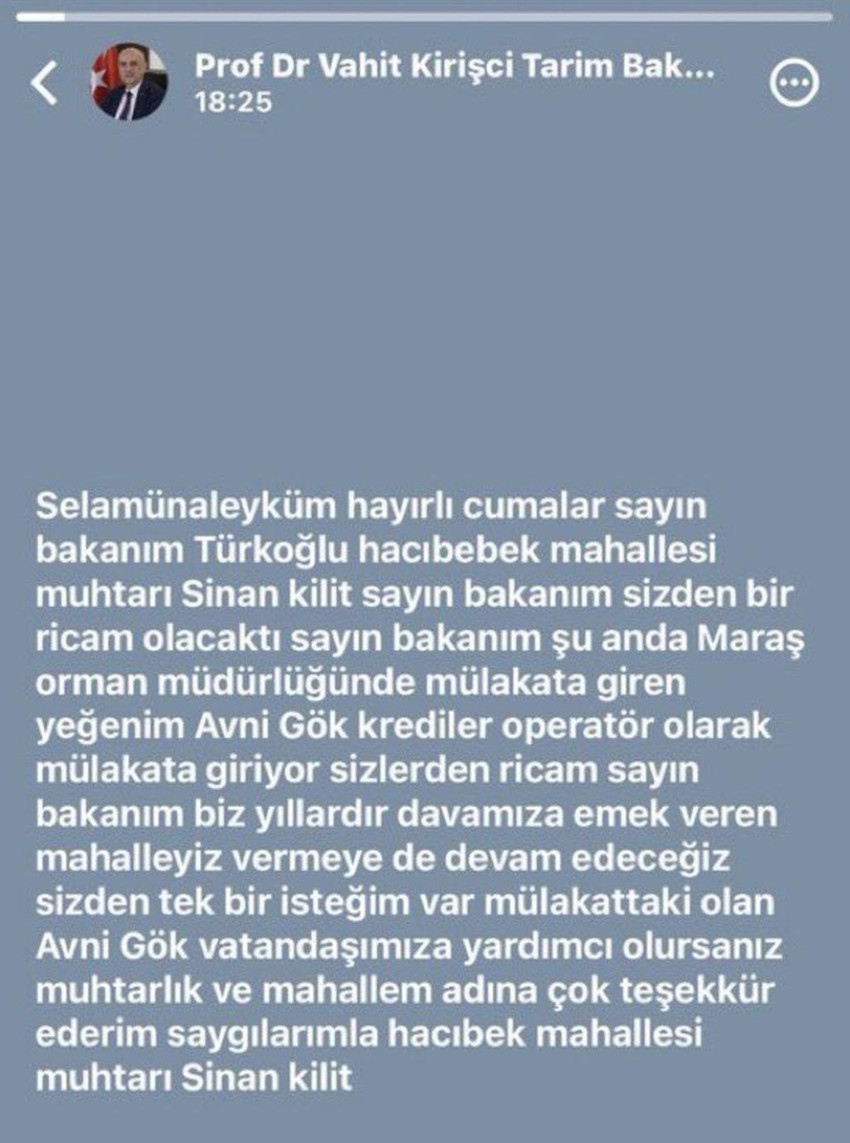 AK Partili eski bakan ve milletvekili Vahit Kirişçi, geçtiğimiz günlerde kendisine gelen bir "işe alım" ricasını yanlışlıkla WhatsApp durumunda paylaşmıştı. Bu "torpil isteği"nde adı geçen ismin işe alımlarla birinci sıradan yerleştiği ortaya çıktı.
