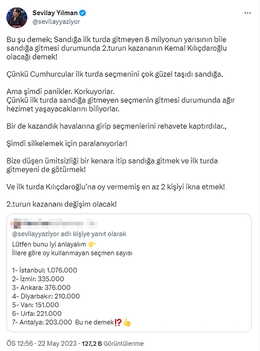 Sevilay Yılman'dan 2'nci tur hesabı: Bu olursa Kılıçdaroğlu kazanır - Resim : 1