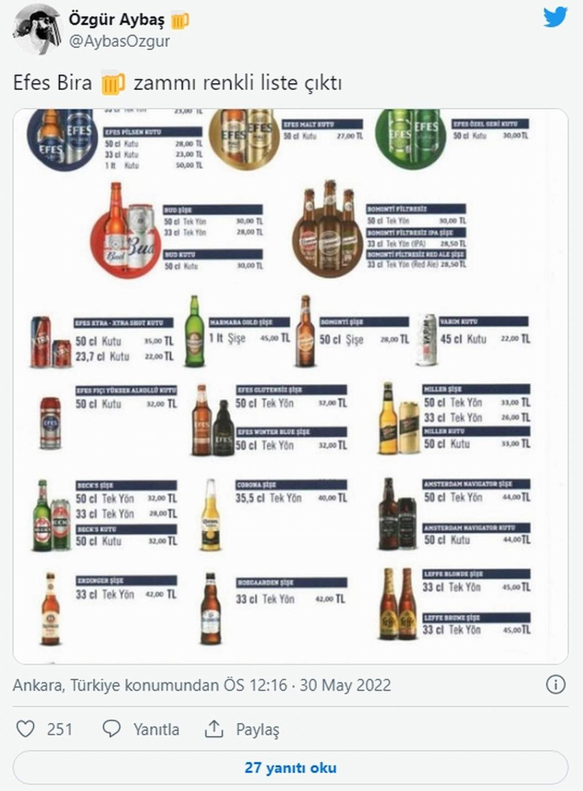 Özgür Aybaş efes grubu zamlı bira fiyatlarını paylaştı
