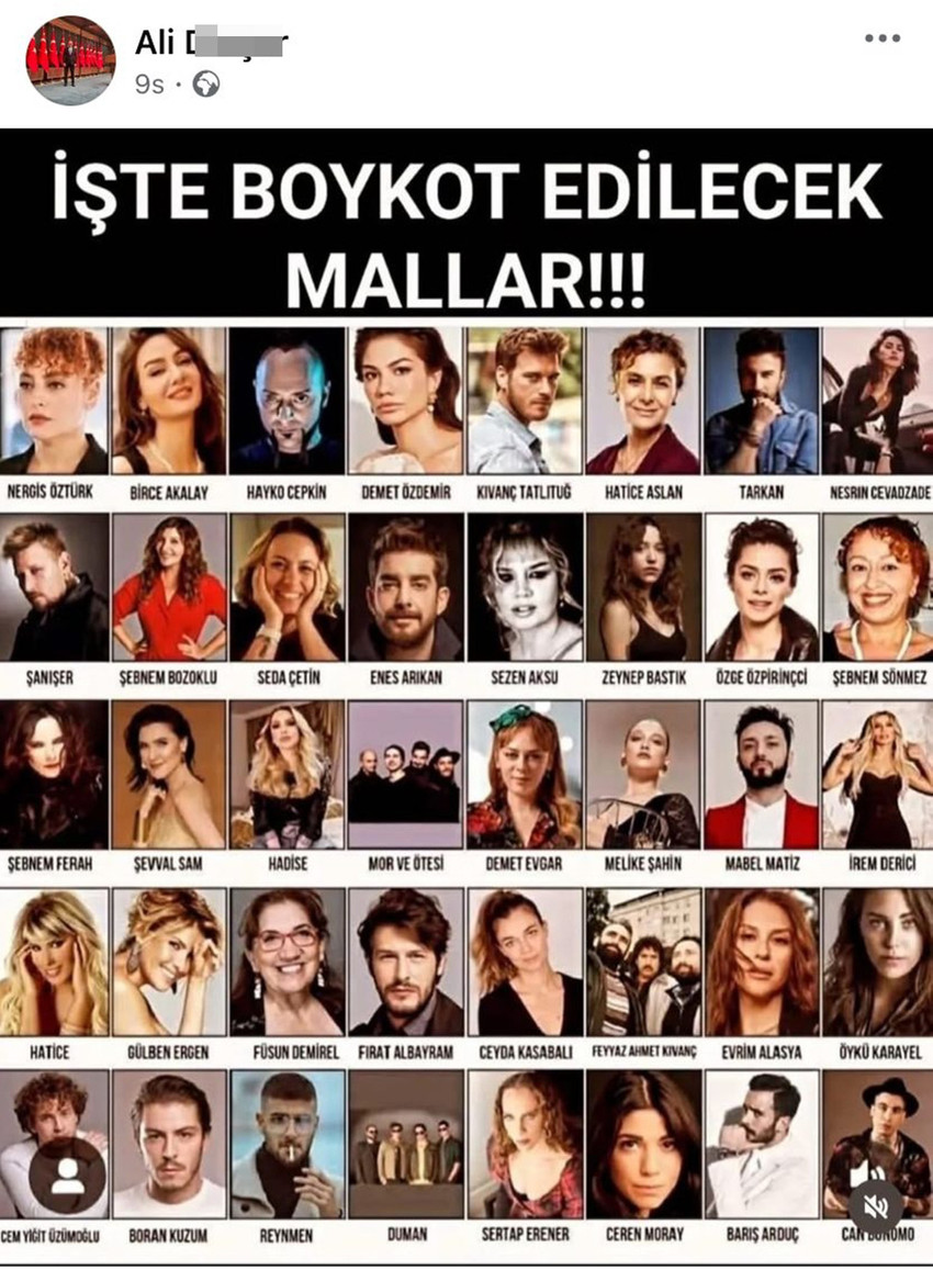 31 Mart 2024 yerel seçimlerinde AK Parti'den belediye başkan adayı olan, Çine Gençlik ve Spor Müdürü Ali Dinçer sosyal medya hesabı üzerinden skandal bir paylaşıma imzasını atarak, tam 40 ünlü ismin fotoğraflarını ve isimlerini yayınlayarak "işte boykot edilecek mallar" yazdı...