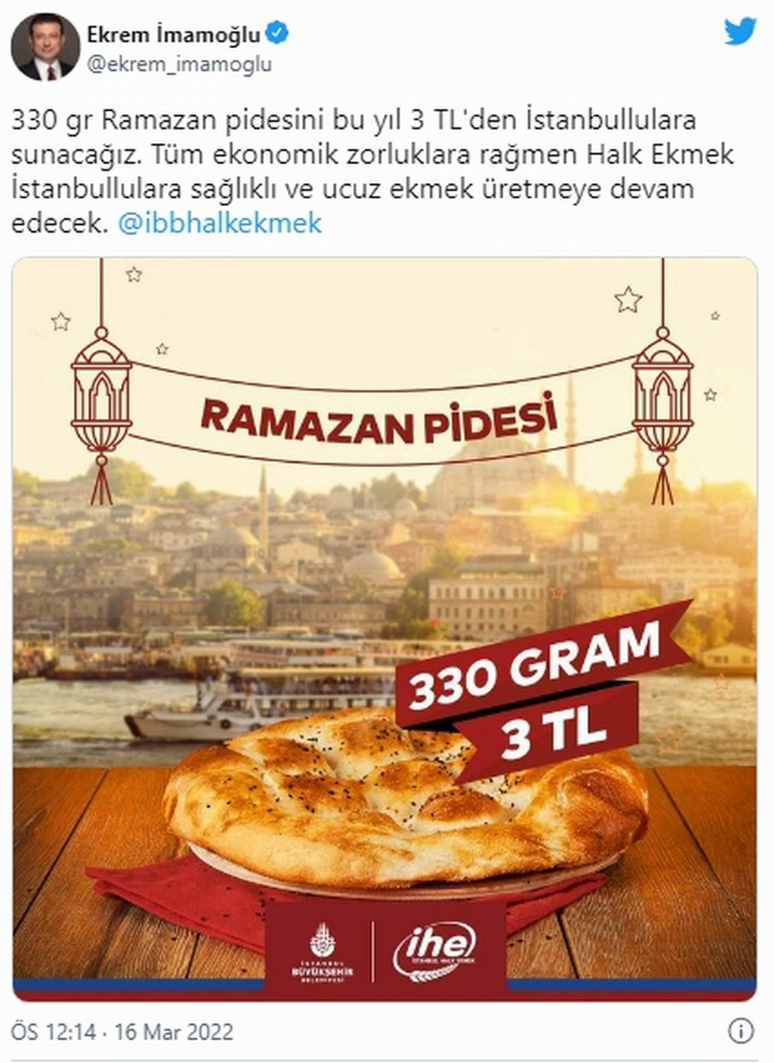 330 gr Ramazan pidesini bu yıl 3 TL'den İstanbullulara sunacağız. Tüm ekonomik zorluklara rağmen Halk Ekmek İstanbullulara sağlıklı ve ucuz ekmek üretmeye devam edecek
