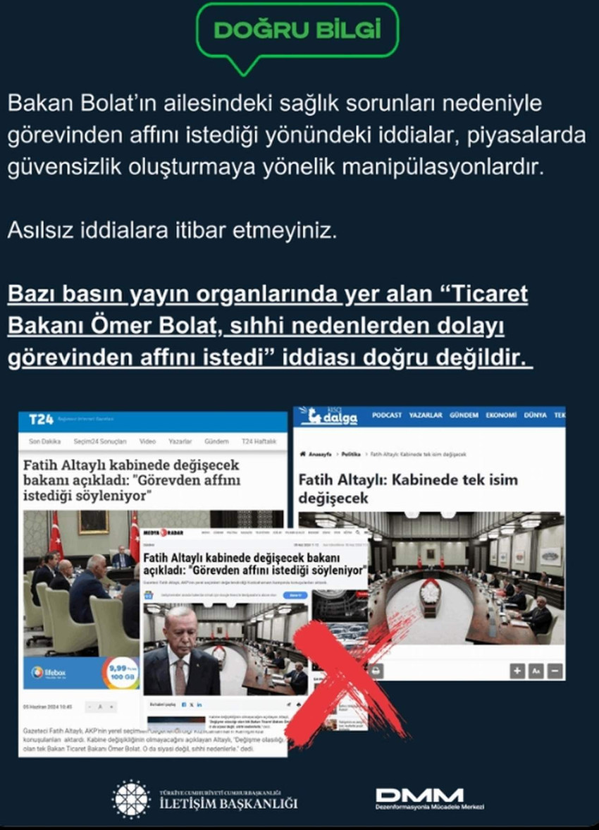 Ticaret Bakanı Ömer Bolat'ın sağlık nedenlerinden dolayı görevinden istifa ettiği öne sürüldü. Gündeme bomba gibi düşen iddianın ardından açıklama İletişim Başkanlığı'ndan geldi.