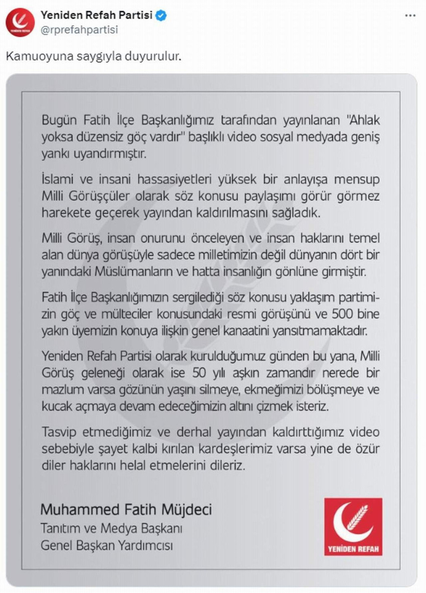 Yeniden Refah Partisi İstanbul Fatih adayı Halit Özkarataşlıoğlu'nun sosyal medya üzerinden yayınladığı ve Fatih'teki yabancı uyrukluları tek tek kutulara koyarak sınır dışı edeceğini vaat ettiği bir video ortalığı karıştırdı. Video apar topar yayından kaldırılırken, Yeniden Refah Partisi'nden de bir açıklama geldi.
