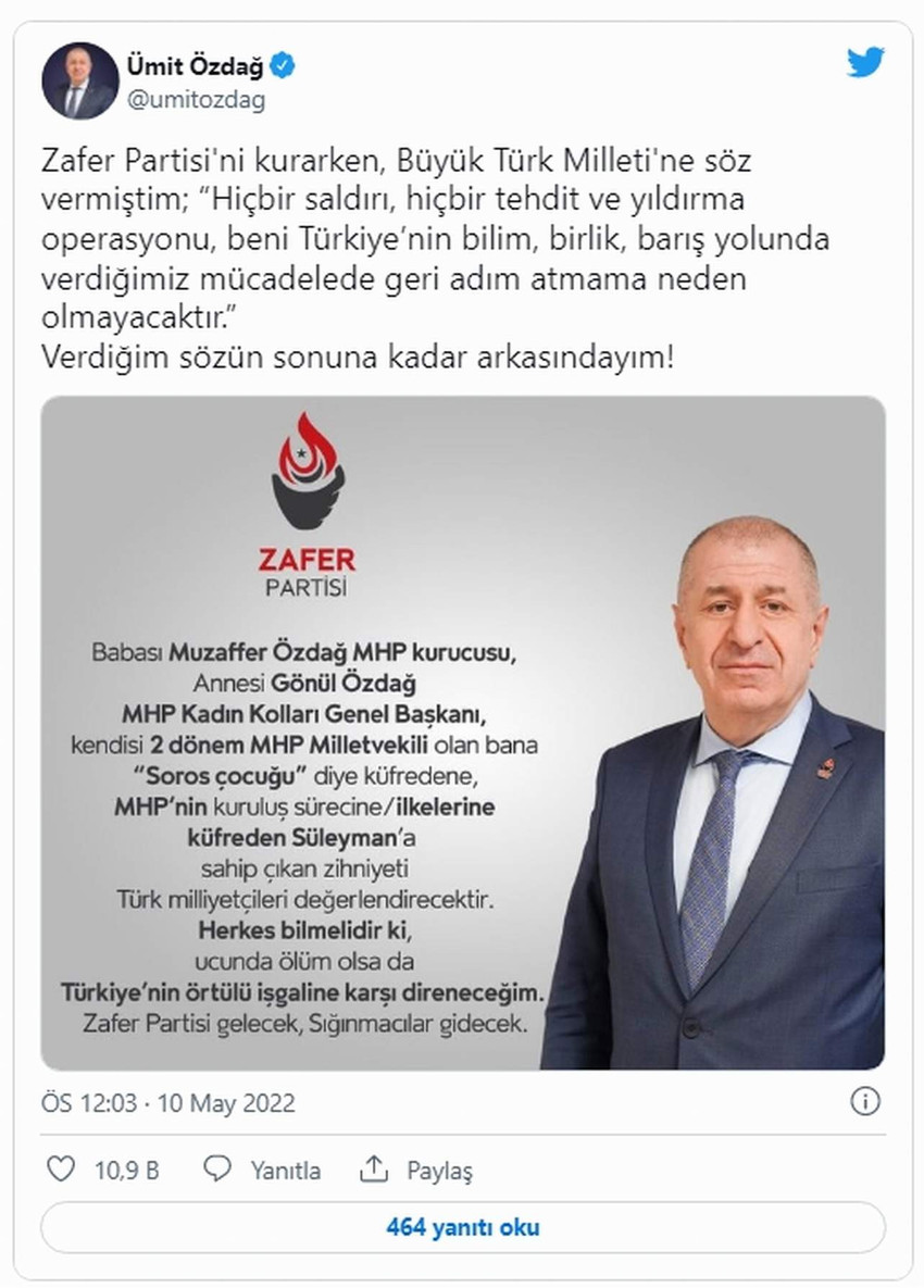 Ümit Özdağ'dan Bahçeli'nin sözlerine twitter'dan yanıt