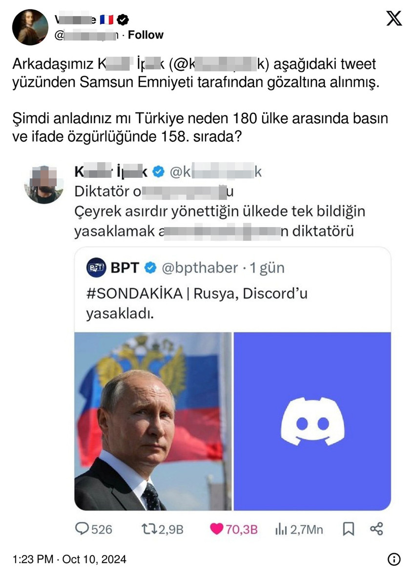 Eski adı Twitter olan X'te bir Türk kullanıcının Rusya Devlet Başkanı Vladimir Putin'e hakaret ettiği gerekçesiyle gözaltına alındığı iddia edildi.