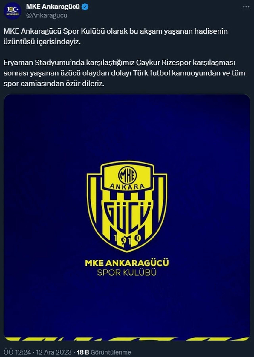 Ankaragücü Başkanı Faruk Koca'nın, hakem Halil Umut Meler'e yönelik saldırısıyla ilgili, Ankaragücü'nden 