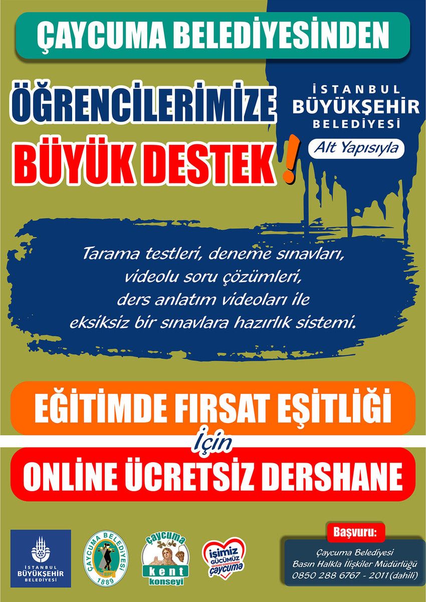 Çaycuma Belediyesi, İstanbul Büyükşehir Belediyesinin altyapısı ile lise ve üniversite giriş sınavlarına hazırlanan öğrencilere online dershane imkânı sunacak. Yararlanabilmek için Belediyenin ücretsiz olarak dağıttığı kartlardan almak yeterli olacak.