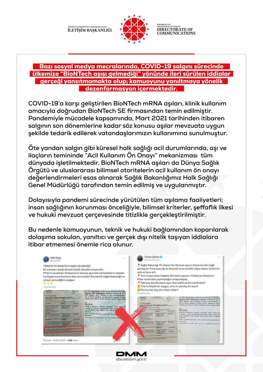 Dezenformasyonla M&uuml;cadele Merkezi, koronavir&uuml;s salgını s&uuml;recinde T&uuml;rkiye'ye BioNTech aşısı gelmediği iddiaları &uuml;zerine a&ccedil;ıklama yaptı.