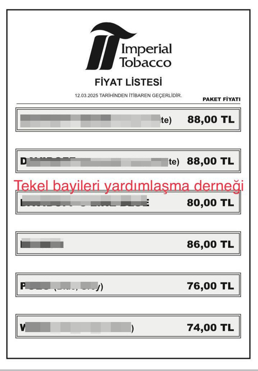 Tekel Bayileri Yardımlaşma Derneği Başkanı Erol Dündar sosyal medya hesabından JTI, Esse, BAT ve Philip Morris'in ardından Imperial Tovacco grubundaki sigaralara da zam geldiğini duyurdu.