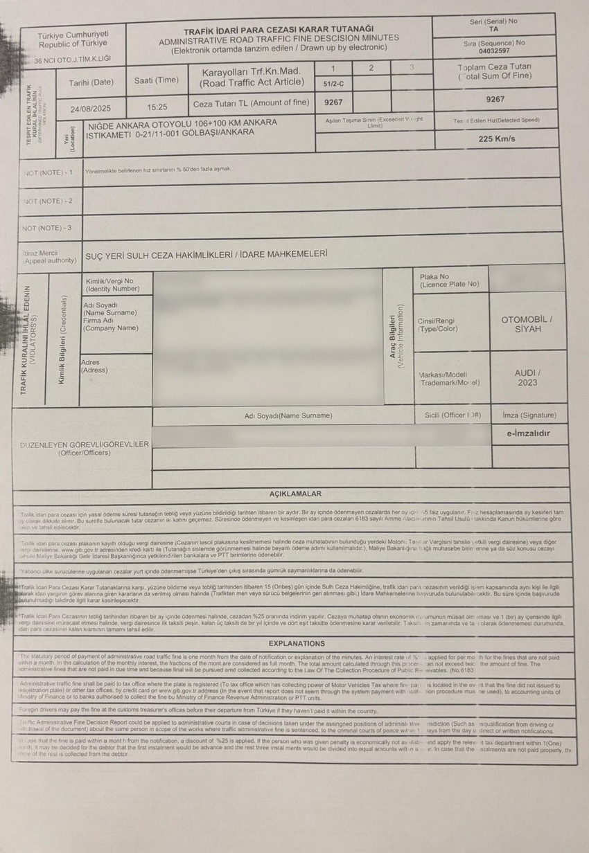 Ankara-Niğde Otoyolu'nda 225 km hızla şov yapan Ulaştırma ve Altyapı Abdulkadir Uraloğlu'na 9 bin 267 TL para cezası kesildi.