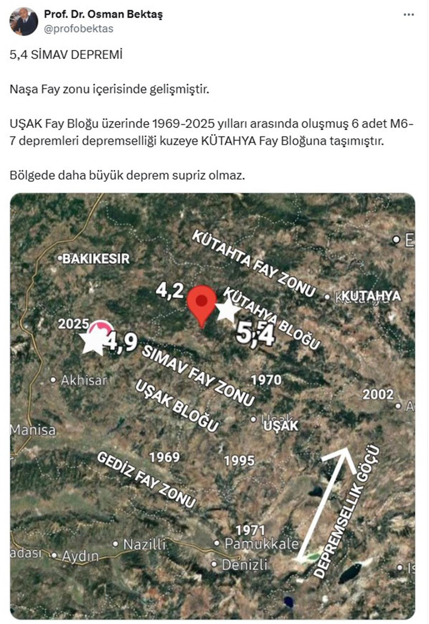 Kütahya'nın Simav ilçesindeki 5.4 büyüklüğündeki depremin ardından uzmanlardan ilk değerlendirme geldi. Prof. Dr. Osman Bektaş, ''Bölgede daha büyük deprem supriz olmaz'' uyarısında bulundu.