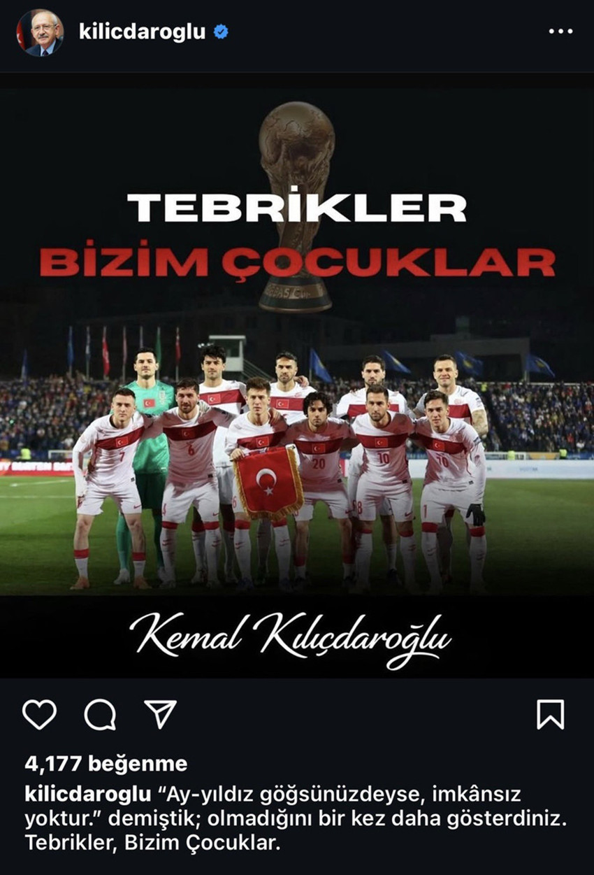 A Milli Futbol Takımı'nın 2026 D&uuml;nya Kupası zaferi sonrası Kemal Kılı&ccedil;daroğlu'ndan gelen kutlama mesajı, sosyal medyada olay oldu. oldu! Yapay zeka ile hazırlanan g&ouml;rseldeki futbolcuların y&uuml;zleri tanınmayacak hale gelince, takip&ccedil;iler "Bu hangi &uuml;lkenin takımı?" sorusunu sordu. 