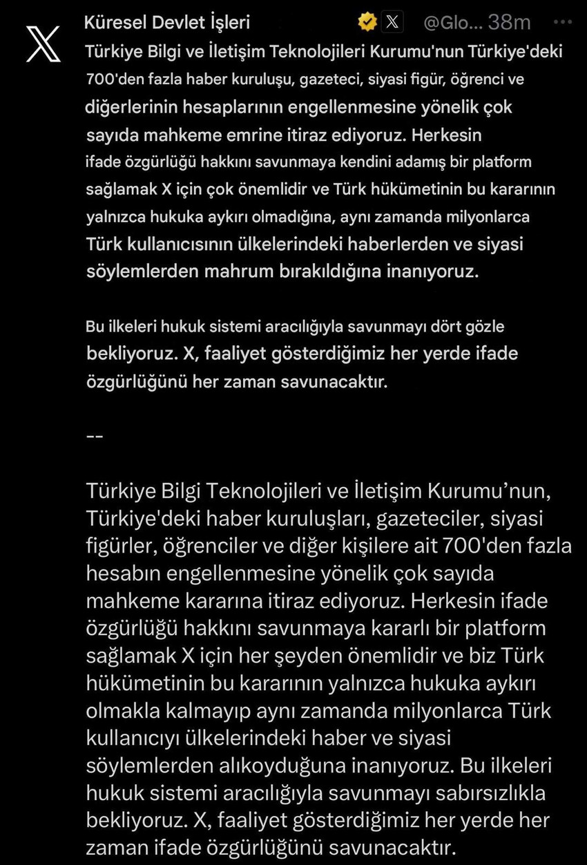 Sosyal medya platformu X, Türkiye’deki haber kuruluşları, gazeteciler, siyasi figürler ve öğrenciler ve diğer kişilere ait 700'den fazla hesabın engellenmesine yönelik verilen mahkeme kararlarına karşı itiraz ettiklerini duyurdu.