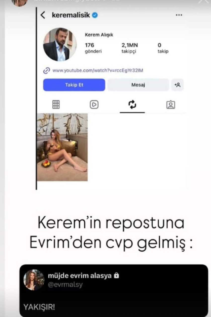 Kızılcık Şerbeti'nin Kıvılcım'ı Evrim Alasya ile Kerem Alışık, 1,5 yıllık birlikteliklerini sonlandırdı. Kapalı gişe oynayan "Aşk Biter mi?" tiyatro oyunu da iptal ediliren Kerem Alışık'ın sosyal medyadan yaptığı bir paylaşım ve Evrim Alasya'nın "Yakışır" yorumu ise sosyal medyayı salladı.