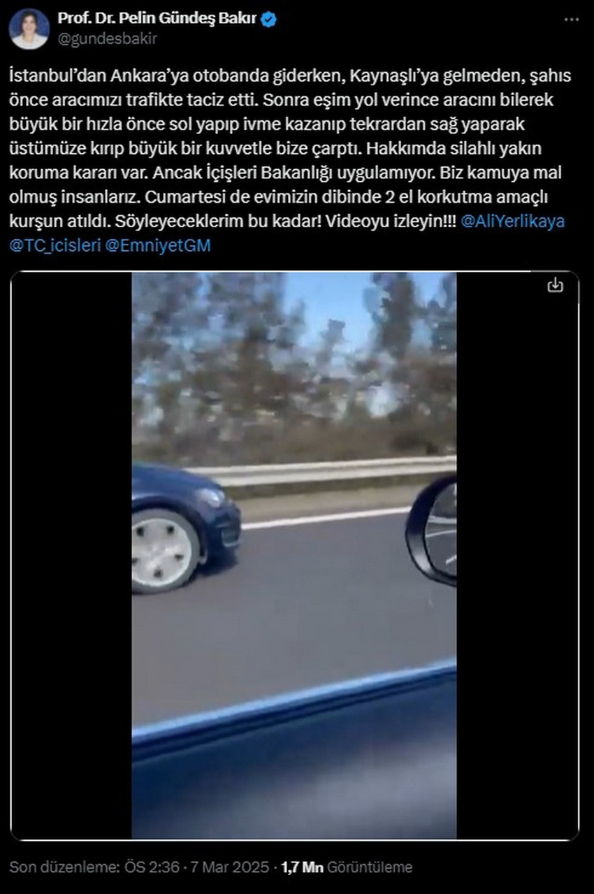 Merkez Parti Genel Başkanı Prof. Dr. Pelin Gündeş Bakır otobanda ailesiyle birlikte seyir halindeyken kasıtlı bir saldırıya uğradığını öne sürdü ve o anlara dair kamera görüntülerini sosyal medyadan yayınladı...