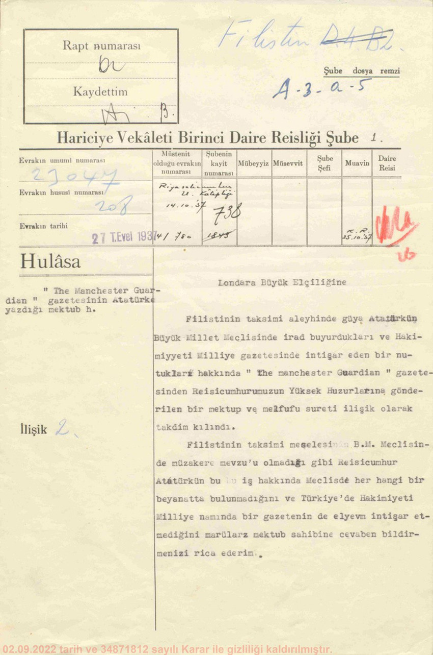 Cumhuriyetimizin kurucusu büyük önder Mustafa Kemal Atatürk'ün Filistin için Avrupa ülkelerine "Filistin'e el sürülemez" dediğine dair iddia belgeyle yalanlandı.