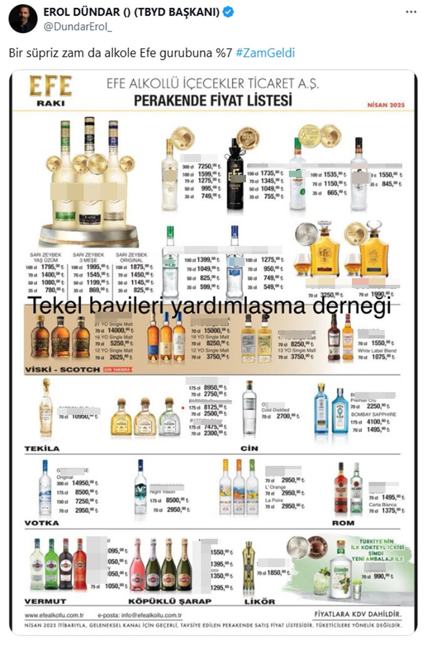 Tekel Bayileri Yardımlaşma Derneği Başkanı Erol Dündar, Efe Rakı grubundaki ürünlere 2 ay sonra yeniden zam geldiğini duyurdu.