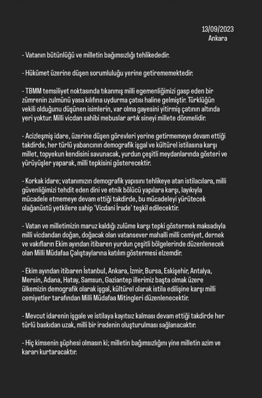 Ankara Cumhuriyet Başsavcılığınca, sosyal medyada "Vatanın bütünlüğü ve milletin bağımsızlığı tehlikededir" şeklinde isimsiz ve imzasız paylaşım ile ilgili soruşturma başlatıldı.