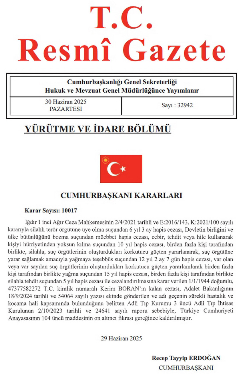 Resmi Gazete'de Cumhurbaşkanı Recep Tayyip Erdoğan'ın imzasıyla yayımlanan kararla eli kanlı bölücü terör örgütü PKK hükümlüsü 81 yaşındaki K.B.'ın kalan cezası "sürekli hastalık ve kocama hali" nedeniyle kaldırıldı.