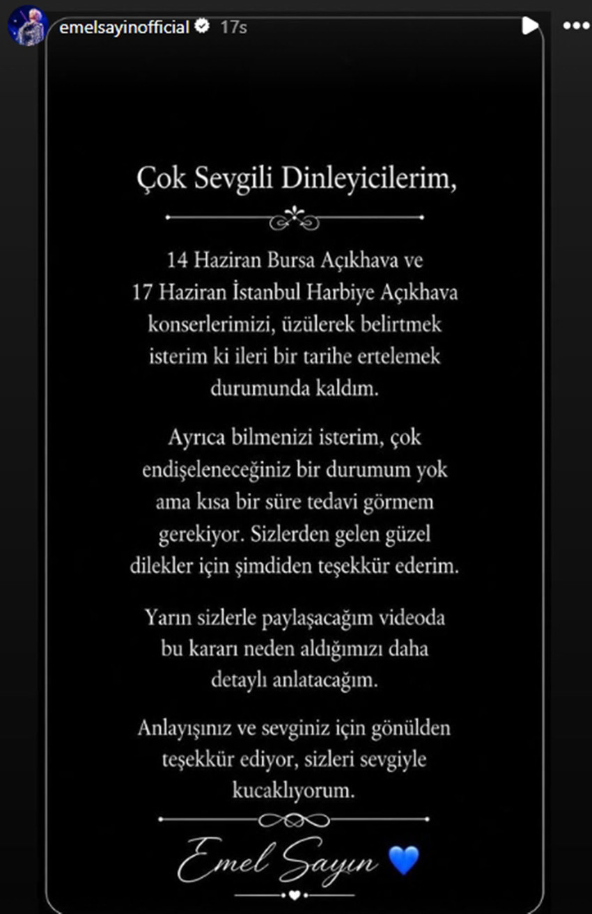 Türk sanat müziğinin 'Mavi Boncuk'u Emel Sayın, sağlık sorunları nedeniyle 14 Haziran Bursa ve 17 Haziran Harbiye Açıkhava konserlerini ertelediğini duyurdu. 80 yaşındaki usta sanatçı, sevenlerine 