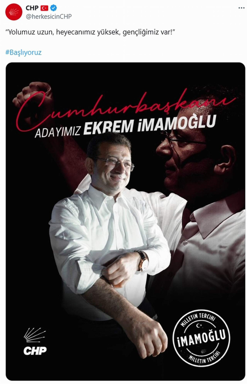 CHP ön seçim sonuçlarını açıklayarak tutuklanarak cezaevine konulan ve İBB Başkanlığı görevinden uzaklaştırılan Ekrem İmamoğlu'nu resmen CHP'nin Cumhurbaşkanı adayı olarak ilan etti.