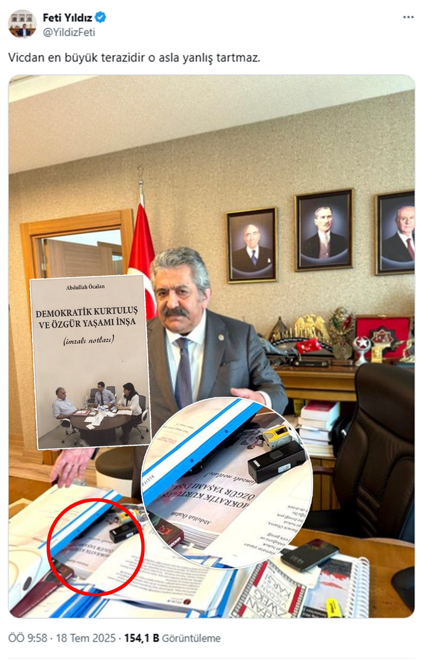 MHP'nin Hukuk ve Seçim İşlerinden Sorumlu Genel Başkan Yardımcısı Feti Yıldız’ın masasında bulunan ve eli kanlı bölücü terör örgütü PKK'nın bebek katili elebaşısı Abdullah Öcalan'ın kaleme aldığı ve toplatılan "Demokratik Kurtuluş ve Özgür Yaşamı İnşa" kitabının çıktısı dikkat çekti.