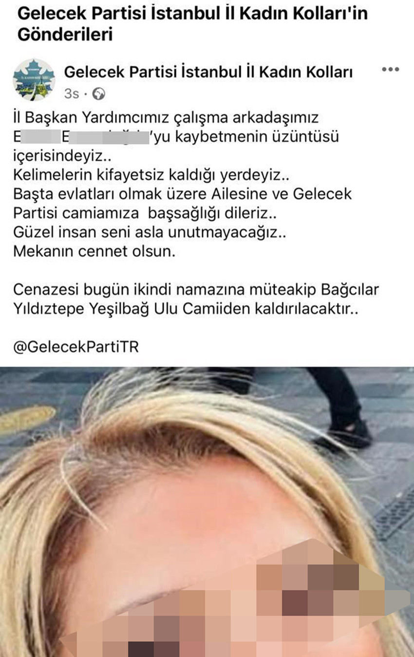 Sakarya'da Gelecek Partisi İstanbul İl Kadın Kolları Başkan Yardımcısı genç kadın, birlikte yaşadığı emekli polis olduğu öğrenilen bir kişi tarafından katledildi.