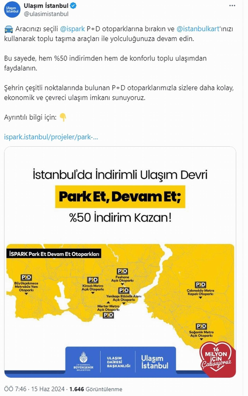 İstanbul'da toplu taşıma kullanan milyonlarca İstanbulkart sahibine otoparklarda yüzde 50 indirim imkanı başladı.