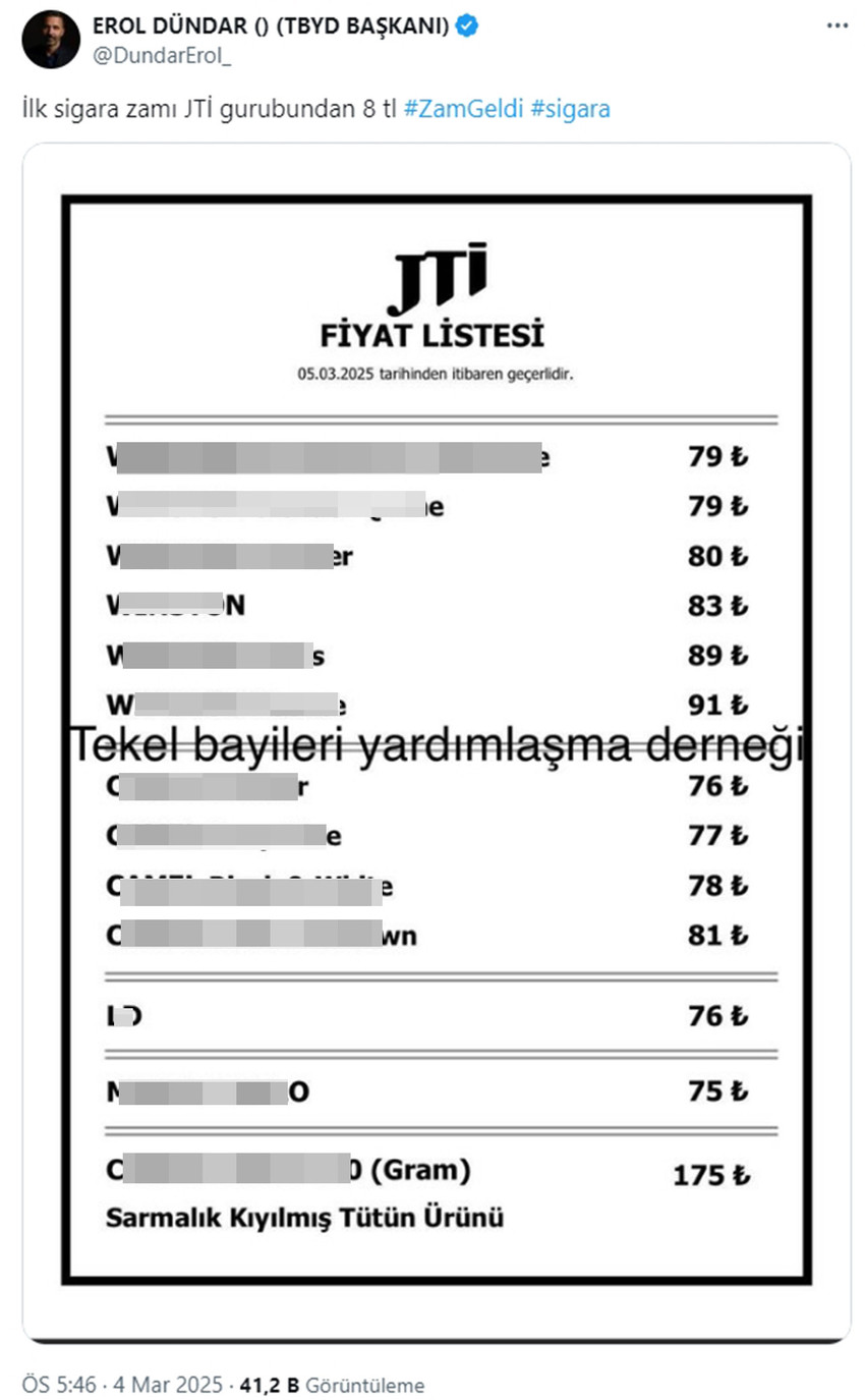 Tekel Bayileri Yardımlaşma Derneği Başkanı Erol Dündar, JTİ sigara grubuna sekiz lira zam geldiğini duyurdu.