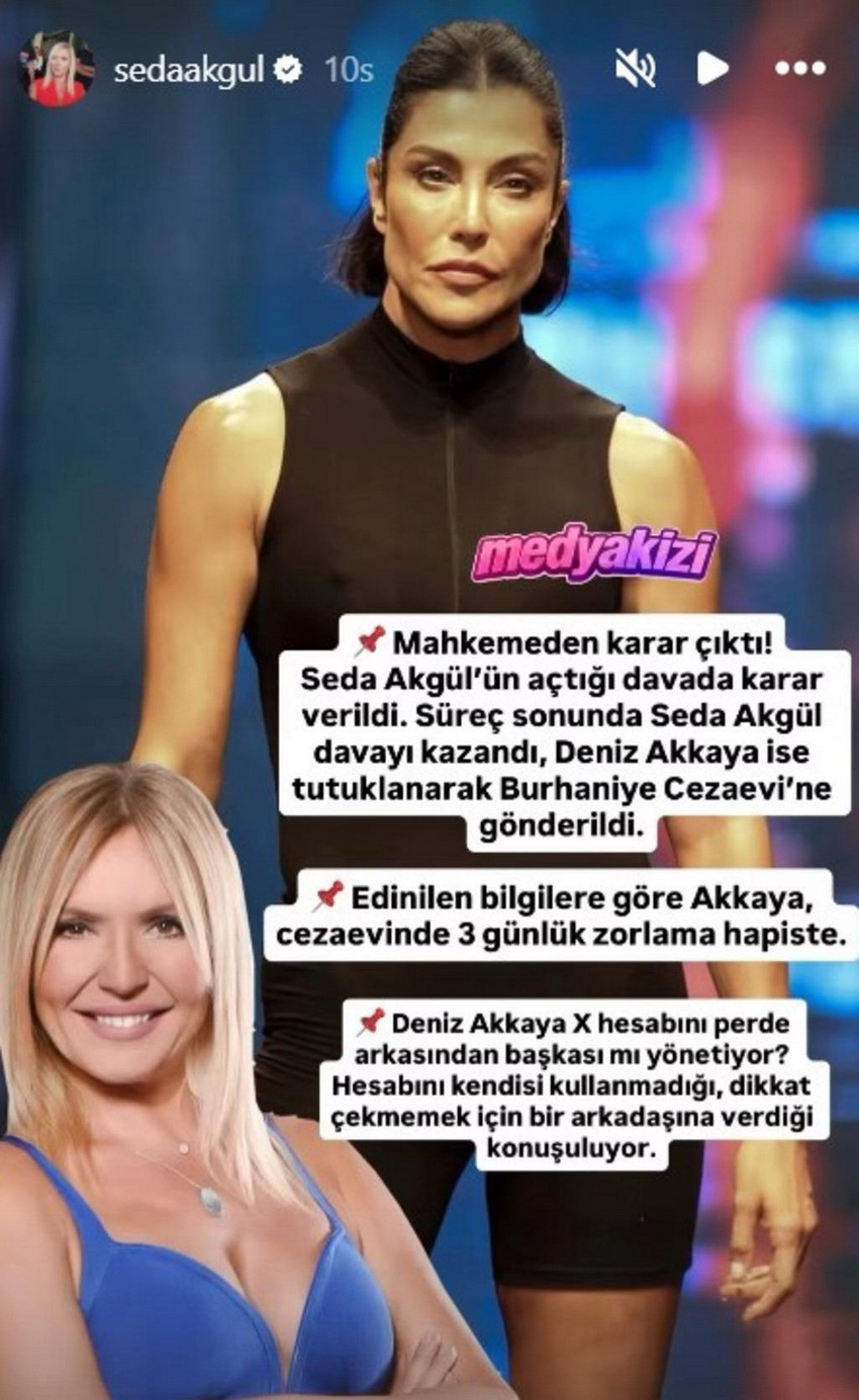 Sunucu Seda Akg&uuml;l'e y&ouml;nelik koruma kararını ihlal ettiği gerek&ccedil;esiyle 3 g&uuml;n zorlama hapis cezası nedeniyle tutuklanarak cezaevine konulduğu iddia edilen &uuml;nl&uuml; manken Deniz Akkaya'dan jet hızında yanıt geldi.