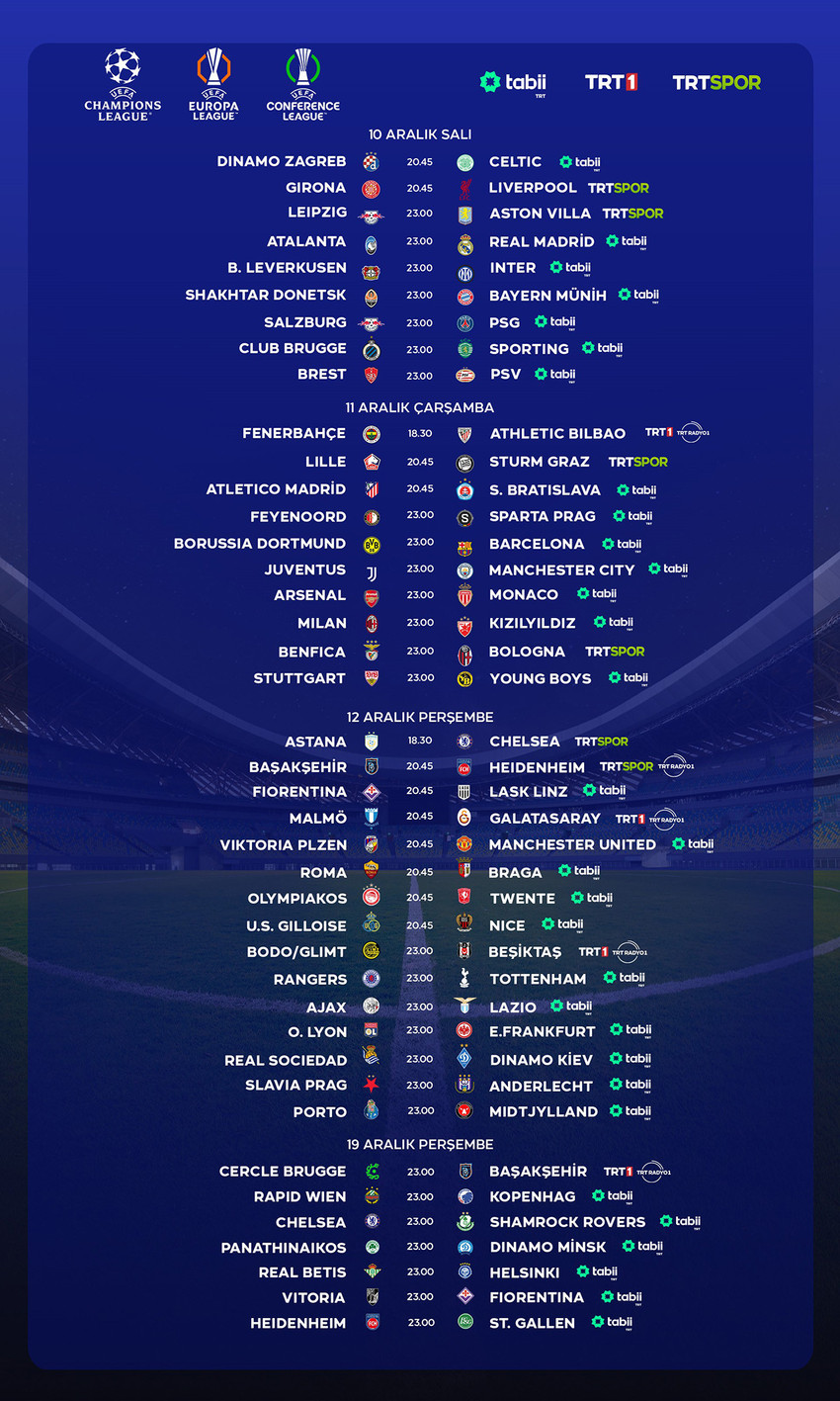 UEFA Şampiyonlar, Avrupa ve Konferans Ligi'nde 10-19 Aralık tarihleri arasında oynanacak toplamda 41 karşılaşma TRT'den canlı yayınlanacak.