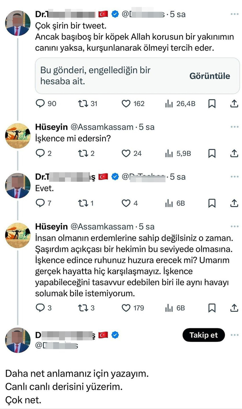 Tepkilere rağmen AK Parti ve MHP'nin oylarıyla TBMM'den geçerek yasalaşan sokak hayvanlarına ilişkin yasayla ilgili tartışmalar sürerken, sosyal medyada bir doktorun sokak köpekleri için yazdığı "canlı canlı derisini yüzerim" ifadeleri büyük tepki çekti.