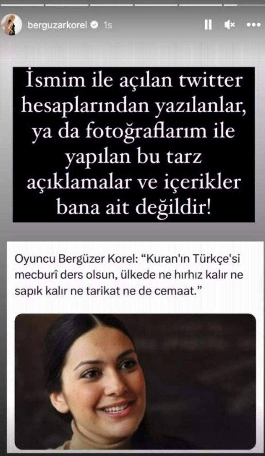Sosyal medyada dolaşıma giren ve güzel oyuncu Bergüzar Korel'in "Kur'an'ın Türkçesi ders olsun" dediğine dair paylaşım sonrası güzel oyuncudan açıklama geldi.
