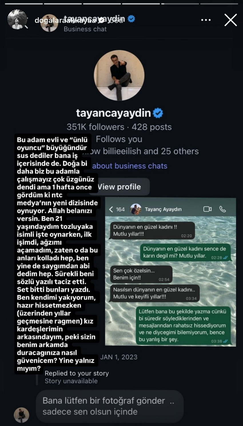 Oyuncu Doğa Lara Akkaya, sosyal medya hesabından yaptığı paylaşımda 2022 yılında yayınlanan Tozluyaka dizisindeki rol arkadaşı Tayanç Ayaydın tarafından taciz edildiğini öne sürdü.