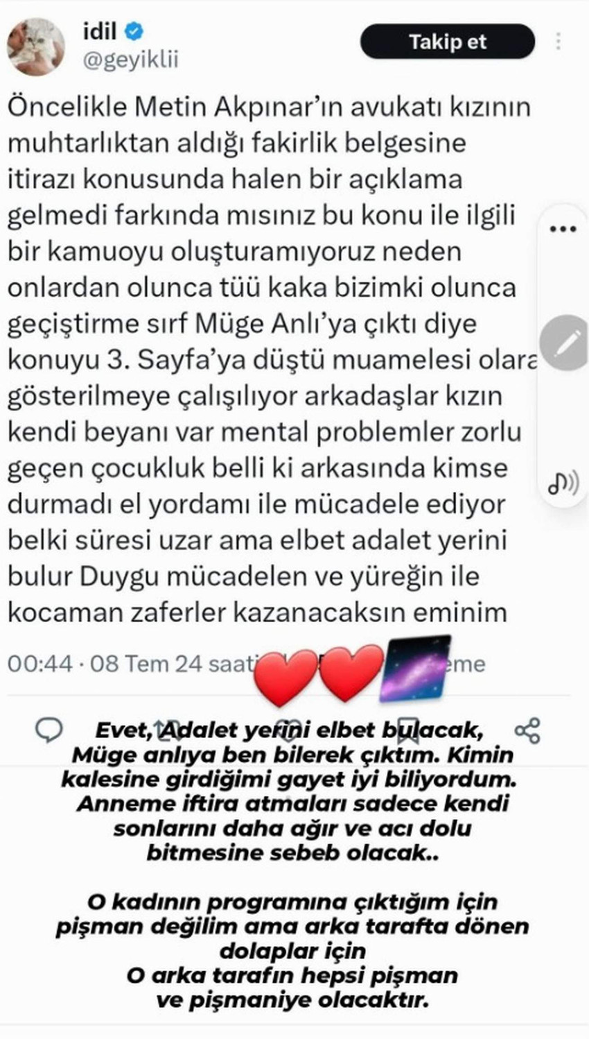 Metin Akpınar'ın kızı Duygu Nebioğlu, Müge Anlı için "arka tarafta dönen dolaplar için o arka tarafın hepsi pişman ve pişmaniye olacaktır" diye konuştu.