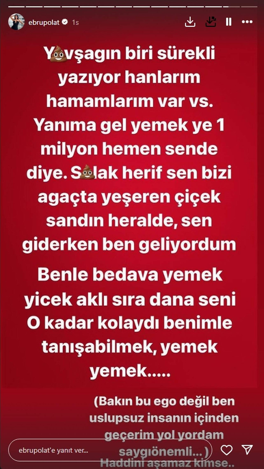 Şarkıcılığının yanı sıra sahibi olduğu güzellik merkezi ve sosyal medya paylaşımlarıyla da adından sıkça söz ettiren Ebru Polat kendisine yapılan ahlaksız teklifi sosyal medya üzerinden ifşa etti. Polat ifşasında ağzını bozarken çok ağır ifadeler kullandı.