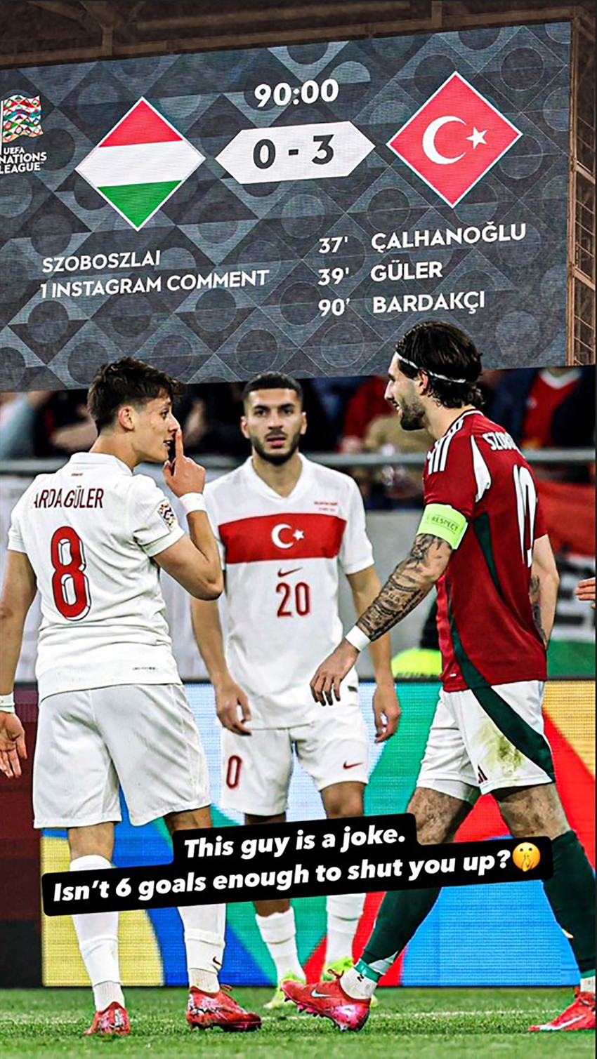 Milli futbolcu Arda G&uuml;ler ve Dominik Szoboszlai arasında yaşanan gerilim sosyal medyada devam etti. Szoboszlai&rsquo;nin imalı paylaşımına Arda'dan yanıt geldi. 