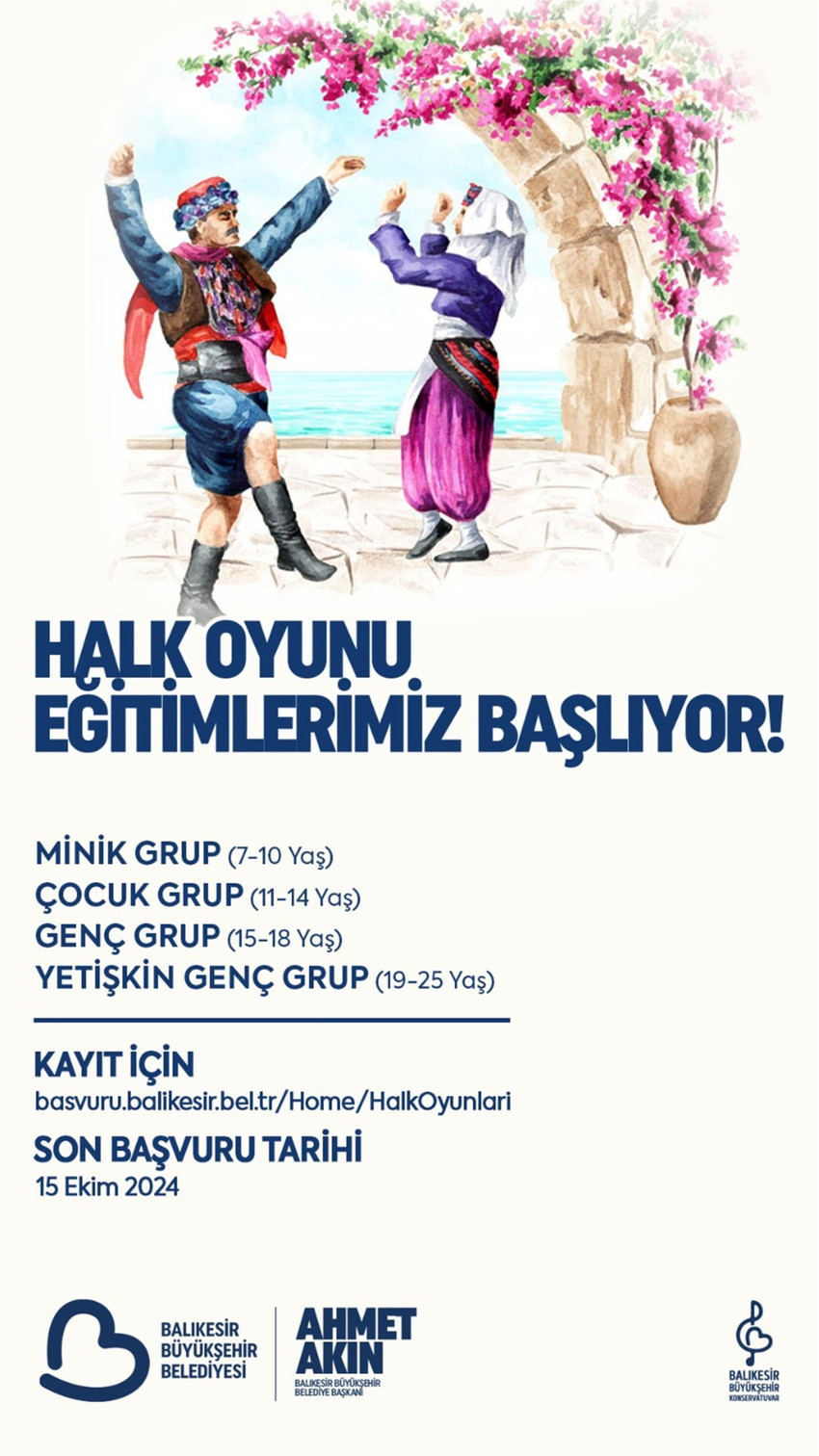 Balıkesir Büyükşehir Belediyesi Orkestra Şube Müdürlüğü bünyesinde Halk Oyunu Eğitimleri başlıyor. Kültürel mirası yaşatmak ve yöresel halk oyunlarını tanıtmak amacıyla düzenlenen kurslar için 15 Ekim gününe kadar başvuru yapılabilecek.