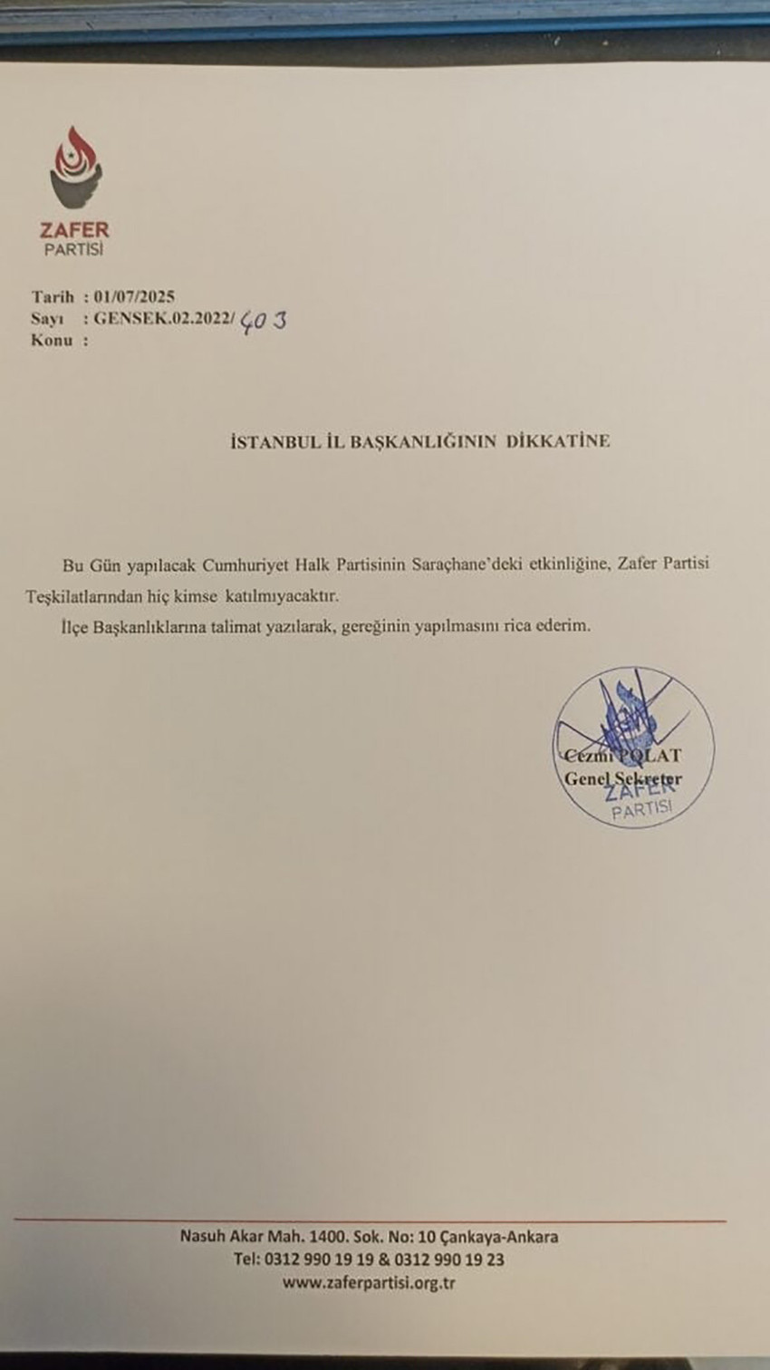 Zafer Partisi'nden ''Saraçhane'' talimatı: Mitinge katılmayın - Resim : 1