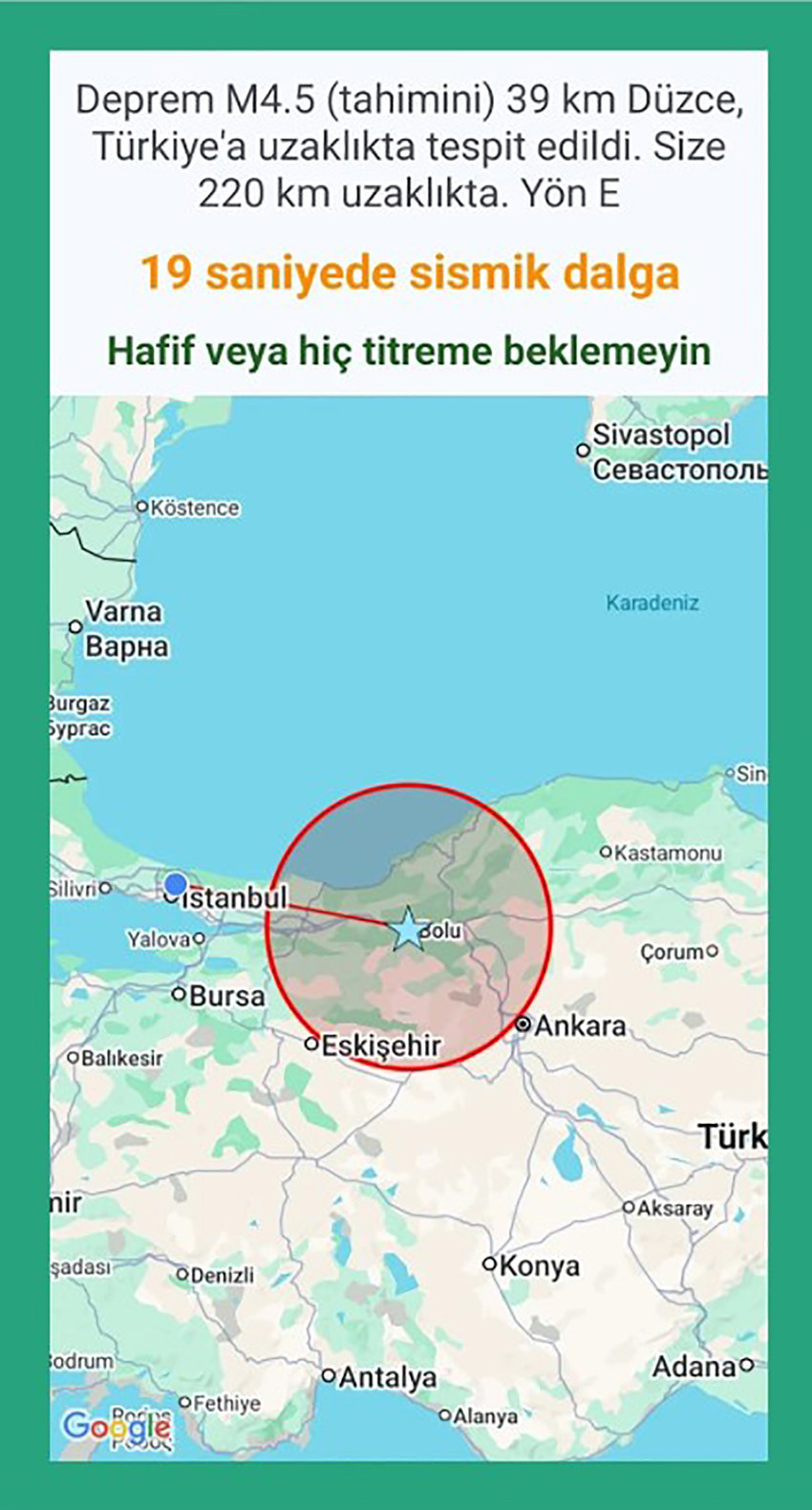 Bolu'da bu sabah meydana gelen 3.2 büyüklüğündeki deprem, Deprem Ağı uygulaması tarafından milyonlarca kullanıcıya 4.5 olarak bildirildi.